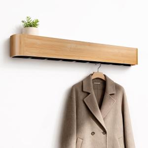 33" Bamboo Coat Rack Wall Mount, 8 Hidden Hooks, Family, Natural