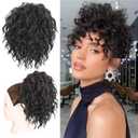 Loose Wave Curly Yaki Hair Drawstring Ponytail Extension for Women Natural Black 8inch Short Afro Curly Hair Bun Synthetic Curly Messy Bun Hair Piece for Daily Use(1B)