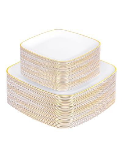 bUCLA 46PCS White Plates with Gold Trim - Heavy Duty White Gold Square Disposable - Include 20 Dinner Plates, 26 Dessert Plates, (10 inch Dinner & 7.25 inch Dessert) Plates for Party & Wedding