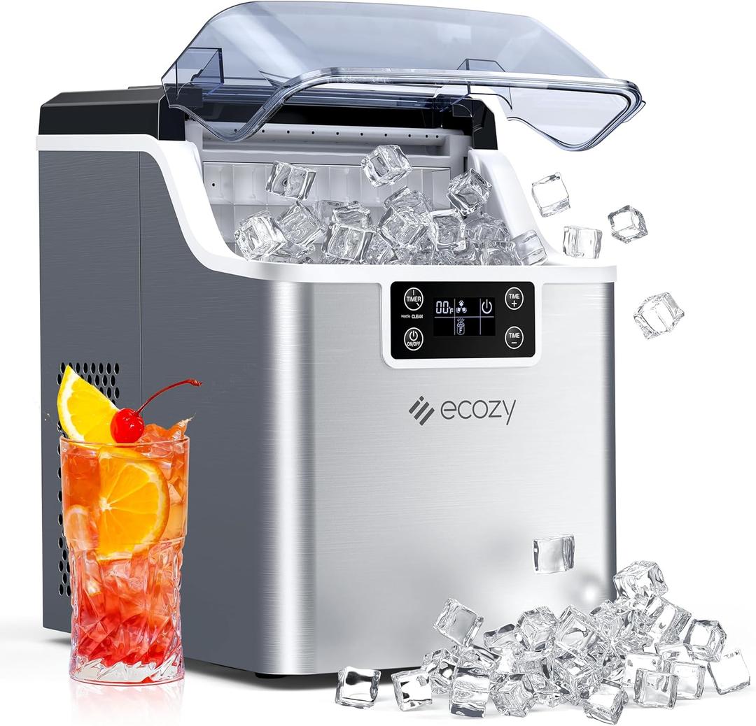 ecozy Ice Cube Makers Countertop, 45 lbs Per Day Portable Ice Machine, 24 Cubes Ready in 13 Mins, Self-Cleaning Function, Perfect for Home Kitchen Bar Office, Stainless Steel (Silver)