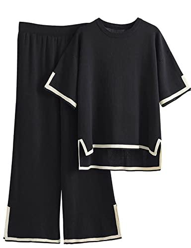 Tanming Sweater Sets Women 2 Piece Lounge Sets Short Sleeve Knit Pullover Tops Wide Leg Pants (Black-M) : Clothing, Shoes & Jewelry