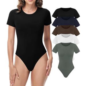 Sundwudu 5 Pack Body suits for Women - Stretchy Bodysuit Womens Tops Round Neck T Shirts for Women (X-Large, A-black/Brown/White/Olive Green/Navy)