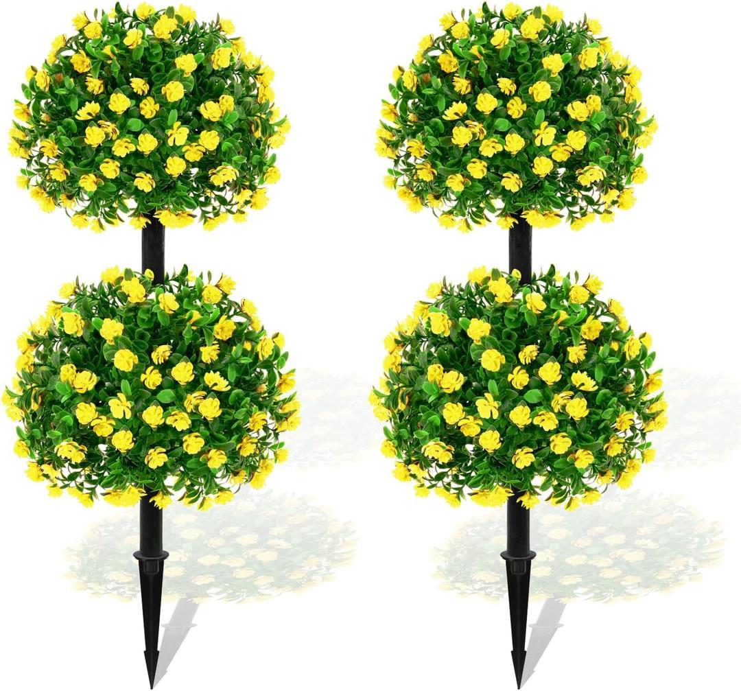 Daifunli 2 Pcs 28 in Artificial Boxwood Double Ball Fake Topiary Tree with Flowers Outdoor Plants, UV Resistance Faux Shrub Realistic Bush Greenery Potted for Indoor Garden Yard Porch Decor(Yellow)