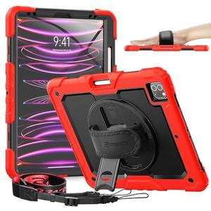 Timecity Protective Case for iPad Pro 12.9 inch 6th/ 5th/ 4th/ 3rd Generation, with Strong Protection, Screen Protector, Hand/Shoulder Strap, Rotating Stand, Pencil Holder - Red