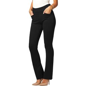 Stretch Slacks for Women - Wear to Work - Tummy Control Waistband - Bootcut Dress Pants with Pockets (Large, Midnight Black)