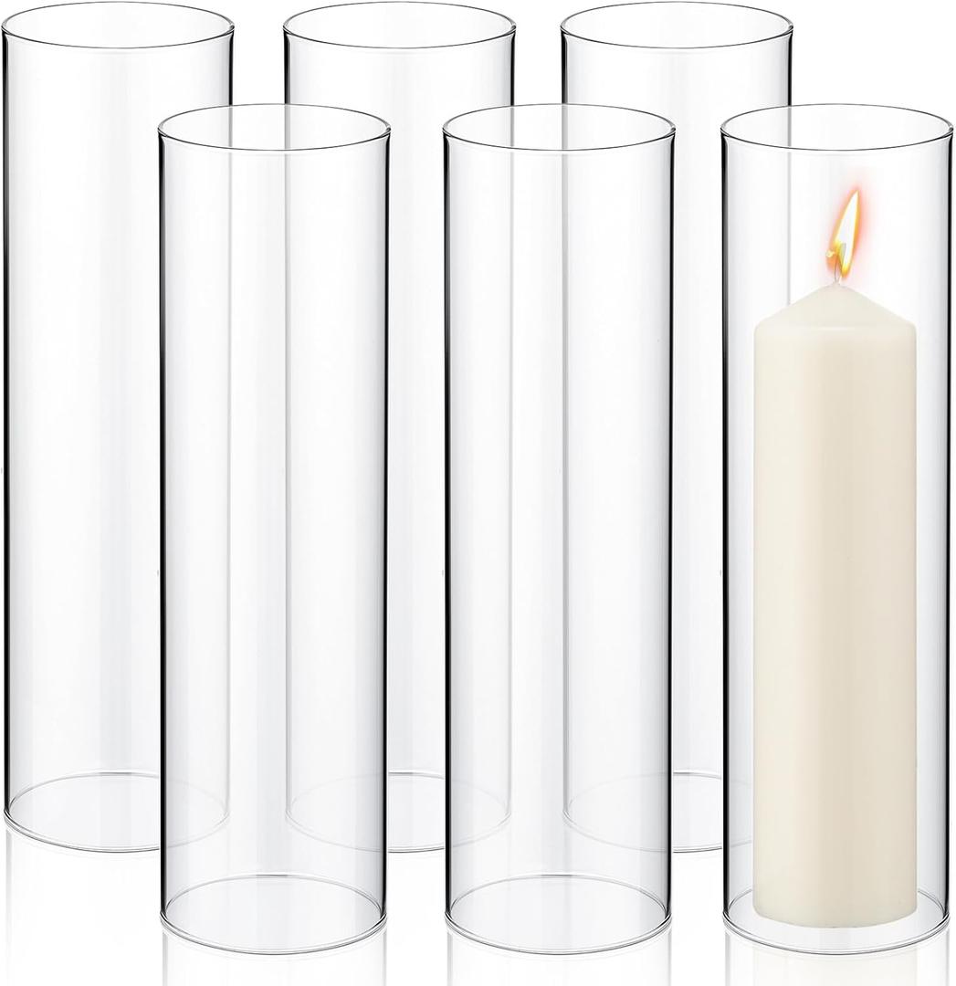 Yaomiao 6 Pcs Hurricane Glass Candle Holders Sleeve Open Ended Glass Bottomless Candle Cover Cylinder Hurricane Clear Chimney Shade Tube Cover for Baby Shower Wedding Party(3 x 10 Inch)