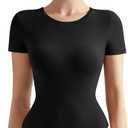 SUUKSESS Women Crew Neck Short Sleeve Thong Bodysuit Shirts Basic Top (Medium, 01 Black)