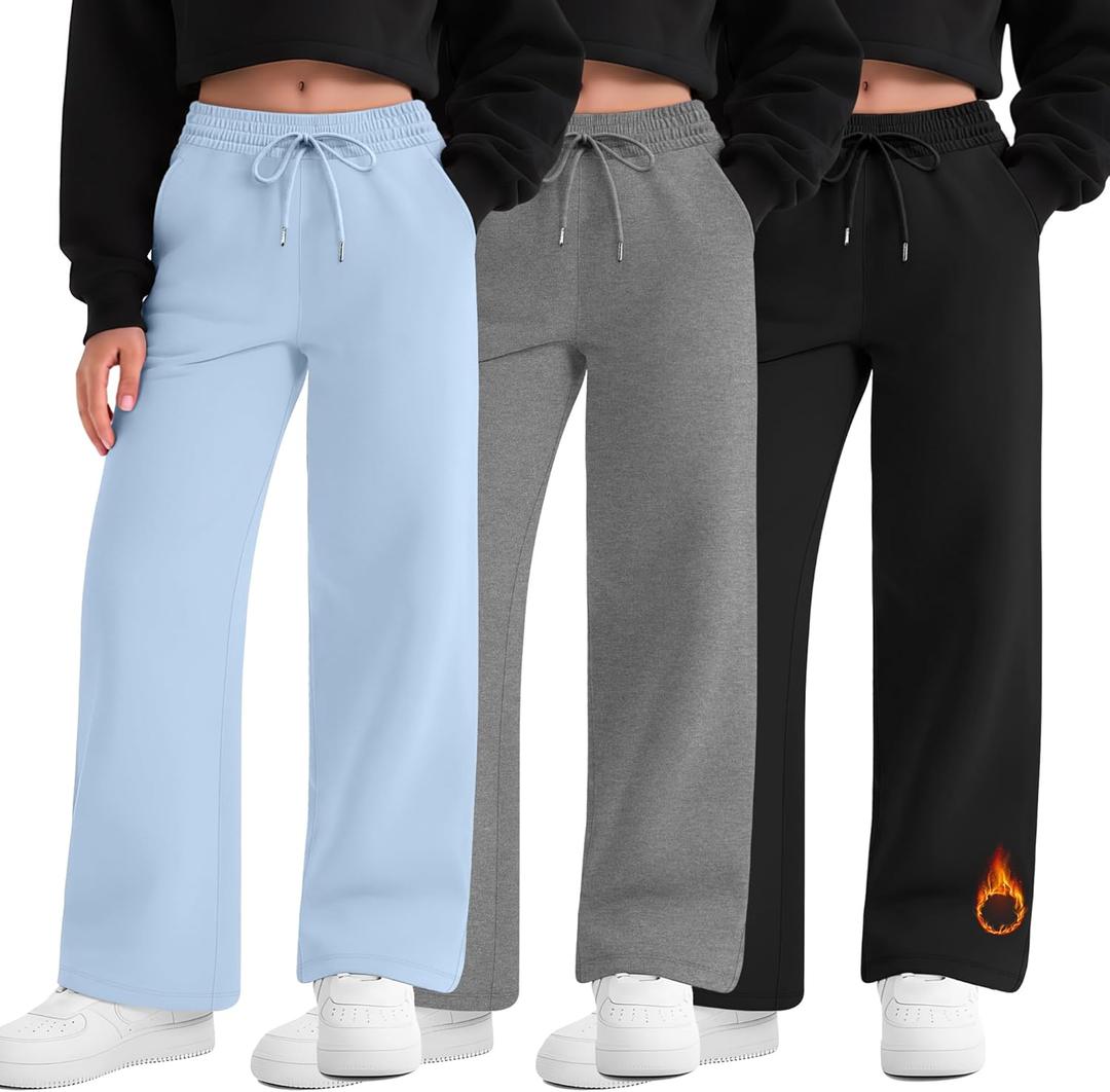 3 Pack Girls' Sweatpants Fleece Lined Wide Leg Drawstring Casual Kids Open Bottom Pants with Pockets Teen Girl (11-12 Years, Blue, Heather Gray, Black)