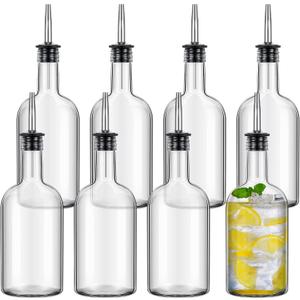 Baderke 8 Pcs 17 oz Glass Long Neck Bottles with Pourer and Caps Glass Bar Juice Pour Syrup Bottles with Stainless Steel Bottle Pourer Tapered Spout for Liquor Wine Juice Snowcone Syrup