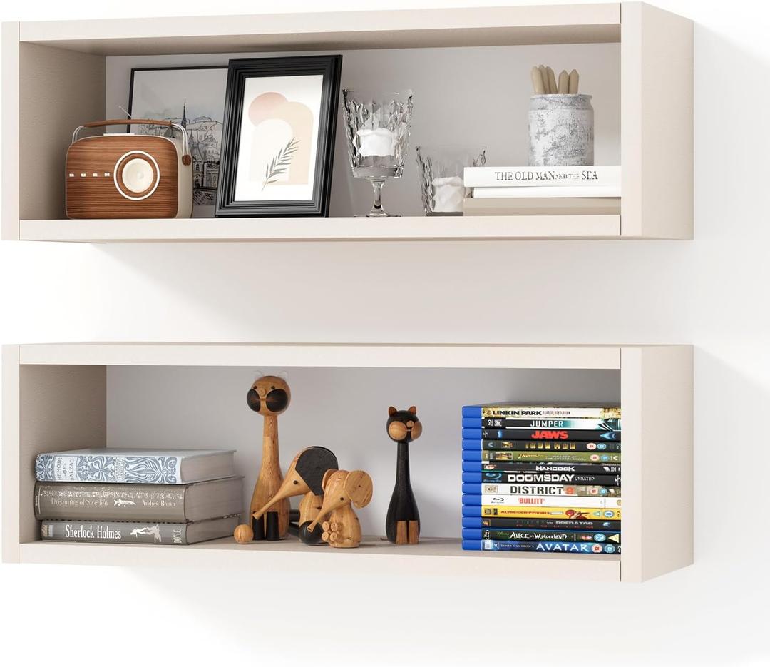 Kaboon 24in Floating Cube Shelves Set of 2, Display Shelves Wall Mount, Decorative Hanging Shelves for Kitchen Living Room Office,(Beige Leather, Rectangle 2 Cubes)