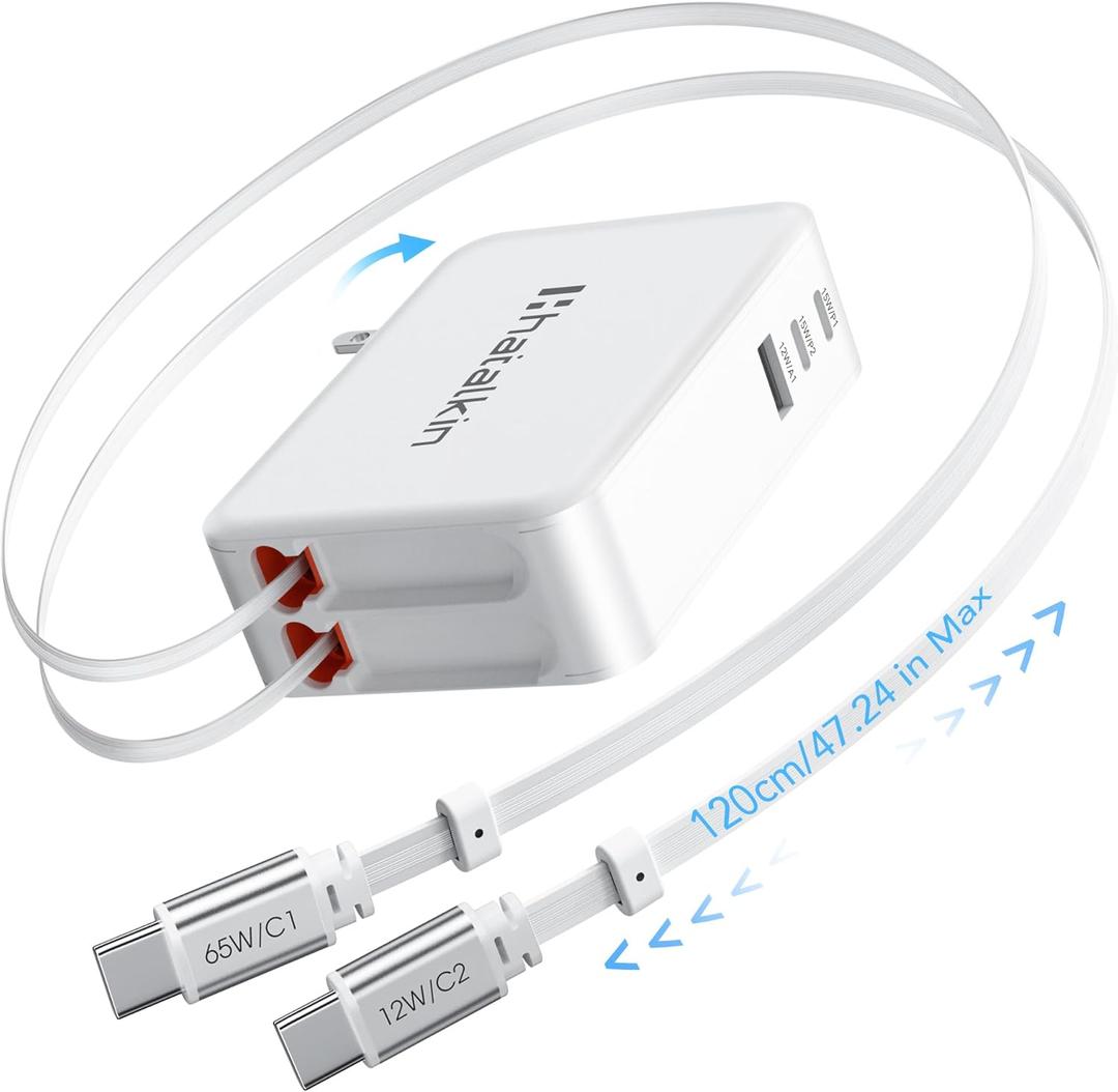 65W for MacBook Pro Charger,5-in-1 Retractable Wall Charger Plug for iPhone 17, Dual 3.94 ft PD USB C Cable&3 Ports, Fast Charging Block for Mac Book Pro/Air, M1 M2 M3 M4 M5, iPad Pro,Galaxy,Pixel