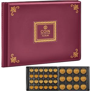 Coin Collection Supplies Holder Book for Collectors, 300 Pockets Coin Collection Organizer Storage Box Case Album for 20/25/ 27/30/ 38mm Coins (Vintage pattern burgundy)