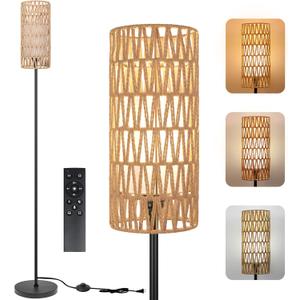 Floor Lamp for Living Room,Farmhouse Floor lamp,Modern Standing lamp with Hand-Worked Rattan Shade (Double Shade-with Remote)