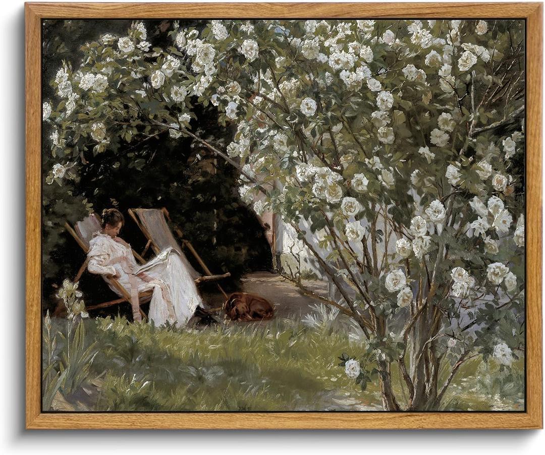 KBKBART Framed Vintage Canvas Wall Art, Retro French Country Garden Women Flower Classical Painting Bedroom Art Print, Rustic Vintage Wall Decor Ready To Hang for Bathroom, Living Room, Office, (8"L x 10"W)