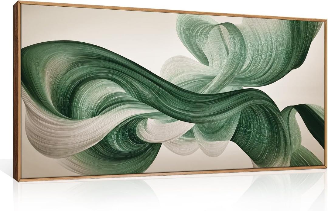 KAIRNE Green Abstract Neutral Wall Art Set, Minimalist Green Lines Wall Decor, Modern Flowing Texture Painting for Living Room, Bedroom, Office, Framed Easy to Hang 20x40 Inches (40L" x 20W")