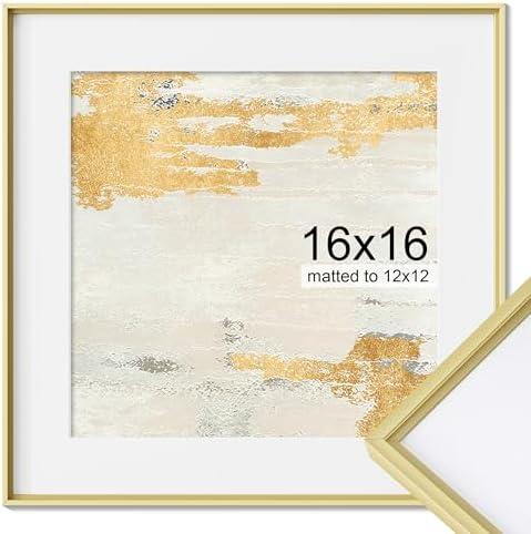 16x16 Metal Picture Frame, 16 x 16 Square Premium Aluminum Photo Frames with 12x12 Removable Mat, Tempered Glass, Vertical and Horizontal Display， Wall Hook Hanging Hardware Included, Gold, 1 Pack
