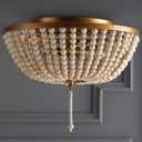 JONATHAN Y 15" Antique Gold/Cream Allison 3-Light LED Flush Mount Ceiling Light for Bedroom, Wood Beaded Shade Shabby Chic Farmhouse Rustic Decor, LED Bulbs Included (JYL9019A)