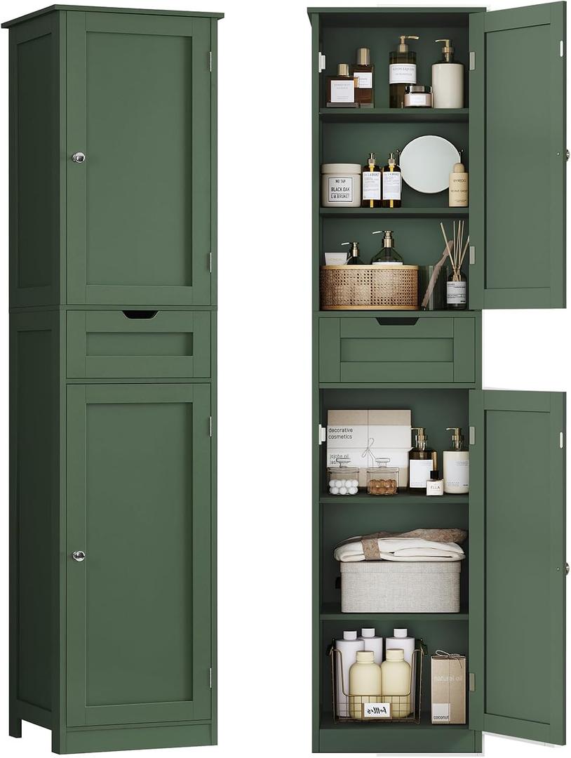 TEENFON Tall Bathroom Cabinet with 2 Doors & 1 Drawer, Narrow Bathroom Storage Cabinet with Adjustable Shelves, for Living Room, Entryway, Kitchen, Forest Green, 11.8"D x 15.7"W x 67.1"H