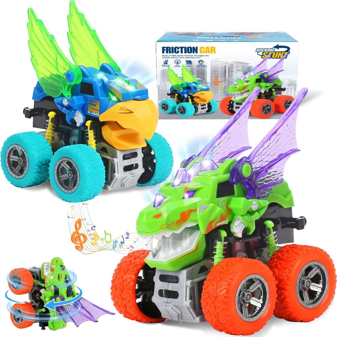 Monster Truck Toys for Ages 2-4,Dinosaur Toys for Kids 3-5 Light-Up Sounds,2 Pack Toddle Boy Toy 360 Rotating Push and Go Cars,Toddler Toy for 1 2 3 4 5 Year Old Boys Girls Birthday (Green)
