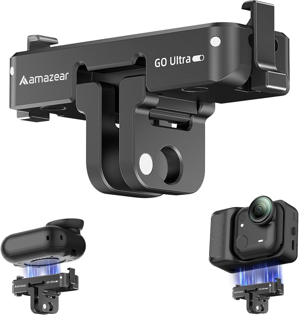 AMAZEAR Magnetic Quick-Release Adapter Mount for Insta360 GO Ultra Accessories, Insta 360 GO Ultra Aluminum Base Metal Bracket with 1/4" Thread for Tripod, Selfie Stick, Handle Grip, Black