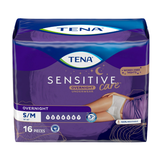 TENA Sensitive Care Overnight Incontinence Underwear for Women, S/M, 64 Count, 4 packs of 16pcs