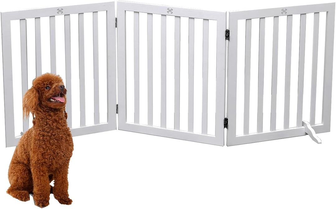 Dog Gate Wooden Freestanding Pet Gate Indoor Dog Fences,Pet Gate for Dogs,House Gate for Doorways & Stairs,3 Panel 23.6' Height-White