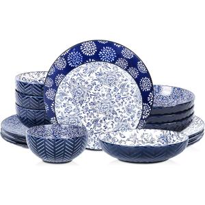 Selamica Dinnerware Sets 16 Piece, Ceramic Plates and Bowls Set, Embossed Dishes Set for 4, Housewarming, Dark Blue