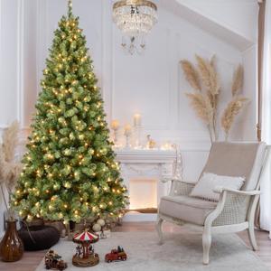 7FT Prelit Christmas Tree, Premium Artificial Christmas Tree with 400 Lights and 1072 Branch Tips, Memory Wire Pre Lit Hinged Xmas Tree with Metal Base for Home, Holiday, Party Decoration