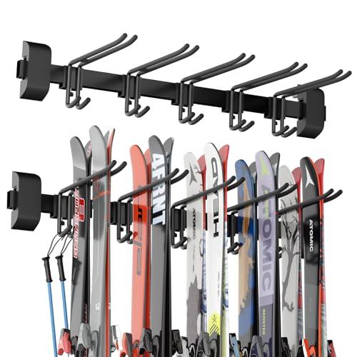 Tdrynl 32" Ski & Snowboard Wall Rack – Heavy-Duty Wall Mounted Ski Storage for Garage, Holds 10 Pairs with 5 Adjustable Hooks, 300lbs Capacity, Non-Slip Rubber, Easy Install | Ski Holders for Wall