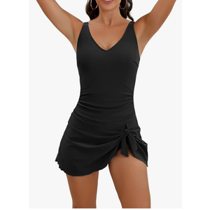 One Piece Swim Dress Swimsuits for Women Tummy Control Swimdress Skirt V Neck Bathing Suit,M