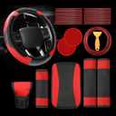 Riakrum 30 Pcs Car Accessories Set Red and Black PU Leather Steering Wheel Cover Auto Interior Accessories Gift Car Vent Trim Strips Air Conditioner Insert Strips with Installation Tool