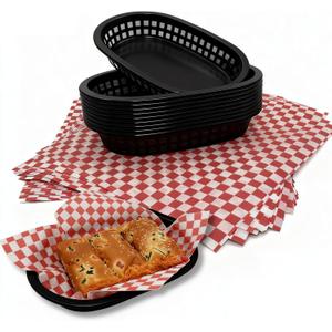 Plastic Fast Food Baskets with Paper Liners, 10.46.3 in Black Baskets & 1212 in Red Liners, Set of 10 Baskets & 100 Sheets for Burgers, Fries, Sandwiches, Parties, BBQ & Birthday