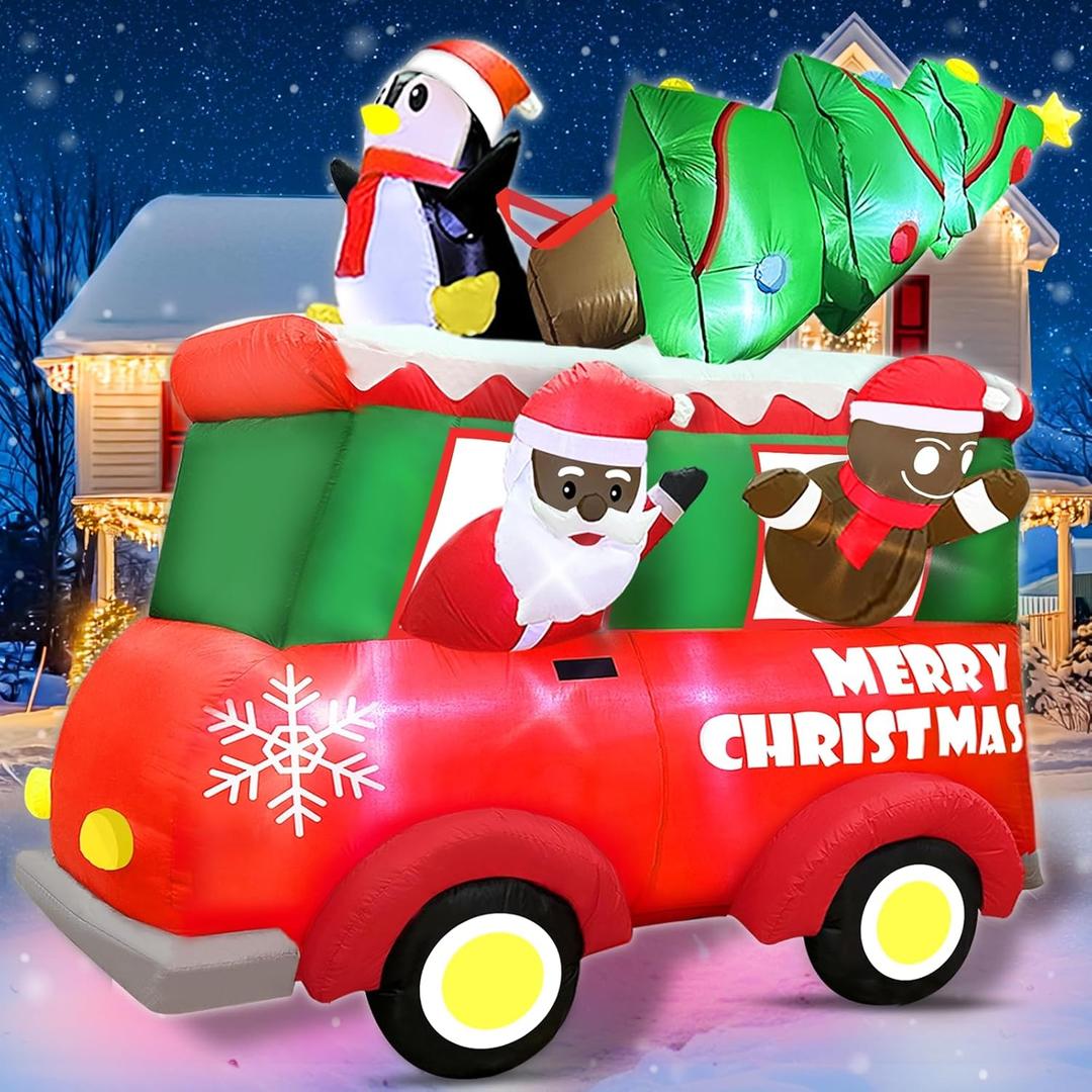 8 Ft Tall 8 Ft Long Giant Christmas Inflatable Black Santa Claus in Truck Outdoor Decoration with Gingerbread Penguin Xmas Tree, Built-in Light Xmas Black Santa Blow Up Yard Outside Holiday Decor