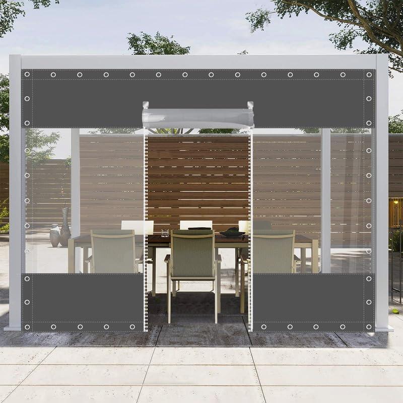 Clear Vinyl Curtains with Zippered Entry, 23oz Heavy Duty Waterproof Anti-UV and Tear-Resistant Tarpaulin with Grommets, Weatherproof Panels for Porch, Pergola, Gazebo, Balcony, Patio, Enclosure (Gray (Double Zipper))