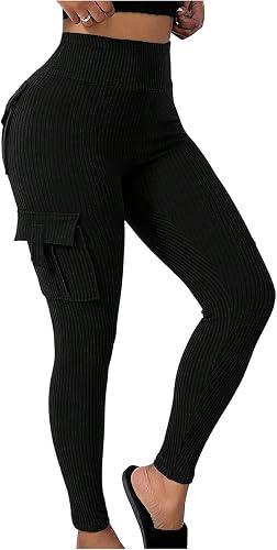 Visit the WDIRARA Store WDIRARA Women's Cargo Leggings Tummy Control Workout Knit Yoga Pants with Flap Pockets, Medium 