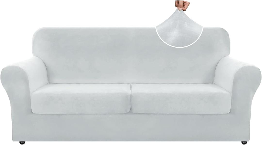 ZNSAYOTX Oversized Velvet 3 Piece Couch Cover with 2 Extra Large Seat Cushion Covers Stretch Sofa Cover for 2 Cushion Couch Thick Soft Loveseat Sofa Slipcover (Silver Grey),72"-92"(2 Cushions)