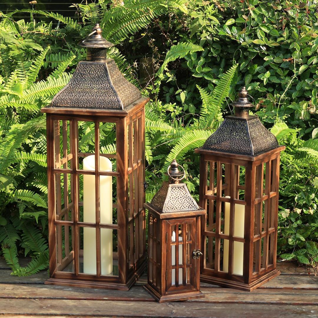 DECORKEY Large Farmhouse Wooden Metal Lantern Set of 3, 27''/22''/15'' H Rustic Decorative Indoor & Outdoor Hanging Candle Lanterns, Wooden Outdoor Lanterns for Patio Front Porch Table, Brown