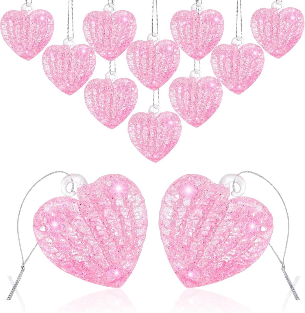 12PCS Heart Ornaments for Valentine Crystal Glass Heart Shape Hanging Ornaments for Christmas Valentine's Anniversary Wedding Party Decoration (Pink)
