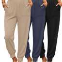 3 Pack Women's Lounge Joggers High Waist Yoga Pants Athletic Workout Pajama Comfy Tapered Sweatpants with Pockets (XX-Large, Black, Charcoal Gray, Khaki)