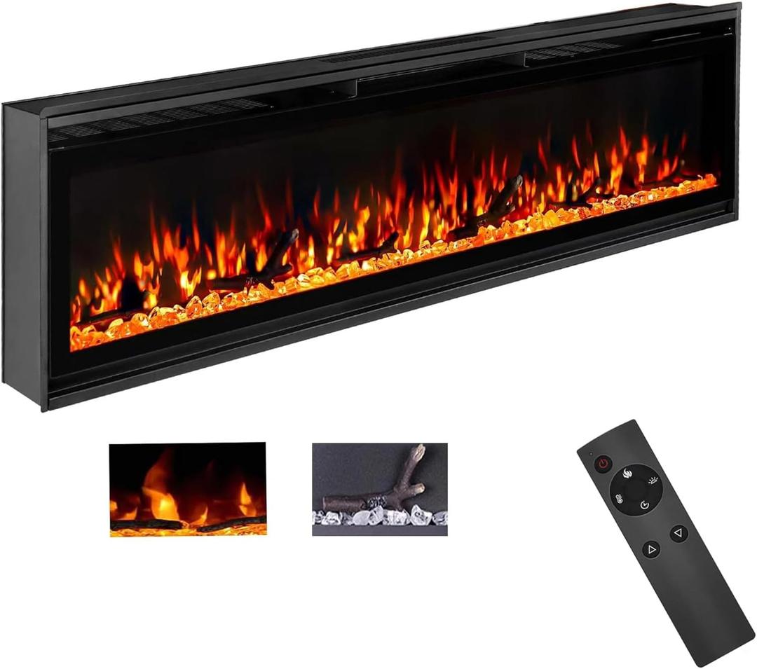 TUAN 60 inch Electric Fireplace Inserts, Ultra Thin Wall Mounted Fireplace with Remote Control, Multicolor Realistic Flame, Touch Screen, Thermostat, Timer, 750w/1500w (Log & Crystal Included) (60")