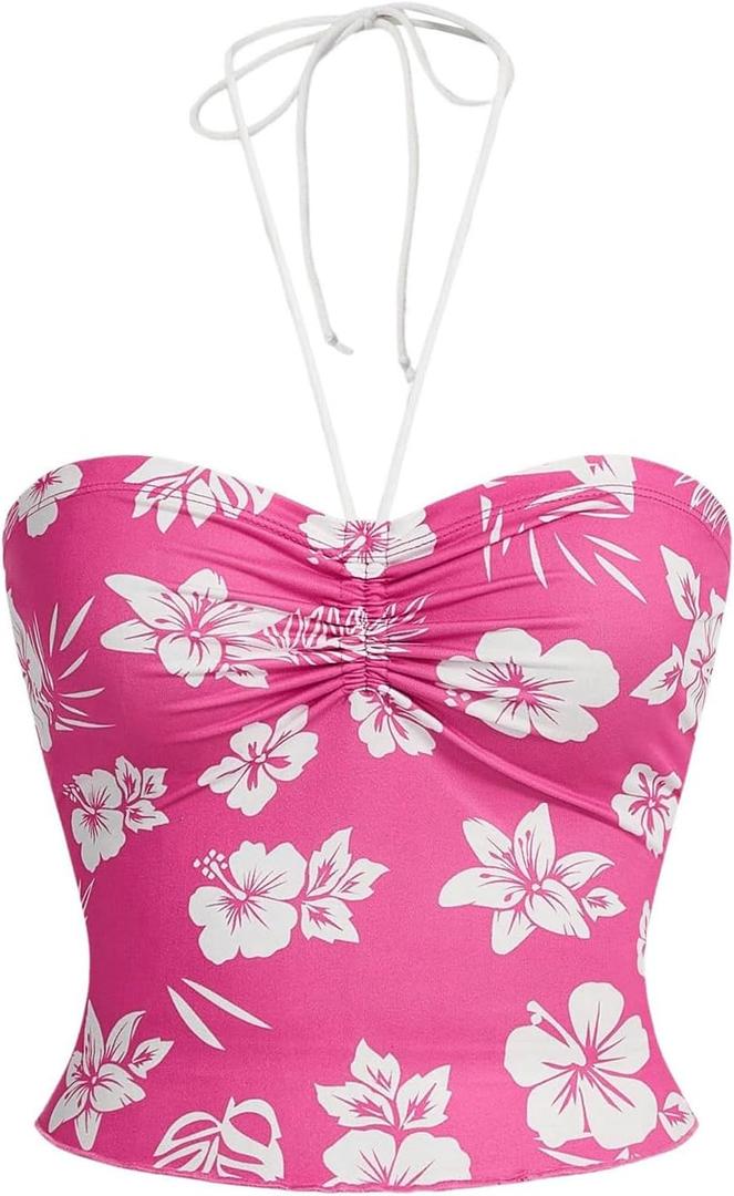 Women's Floral Print Halter Top Sweetheart Neck Ruched Tie Back Slim Fit Crop Tops (Pink, L)