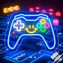 Gaming Neon Signs Controller LED Sign with Remote for Gamer Room Decor, Gamepad Shaped LED Neon Sign for Son Gamer Lovers Gifts, Game Neon Light Smile Face for Basement Bedroom Boys Man Cave Kids Teen
