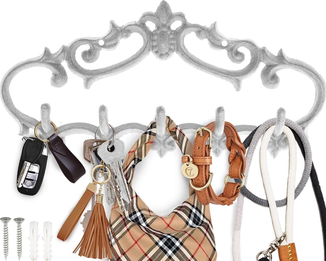 Comfify Cast Iron Wall Hanger  Rustic Design with 5 Hooks  Heavy Duty Metal Organizer for Keys, Towels, Robes, and Clothes  Rustic White  12.6x5.9 Inches