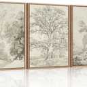 Ausril Vintage Sketchbook Forest Framed Canvas Wall Art Set, Neutral Minimalist Tree Wall Decor, Wilderness Illustration Wall Painting, Retro Botanical Art Print Living Room, Bedroom, Office-36"x24"x3