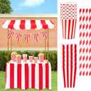 Meooeck 75 Pcs Carnival Circus Concession Stand Decor Kit Red White Striped Table Skirt and Pennant with Red White Striped Popcorn Boxes and Straws for Carnival Party Supplies