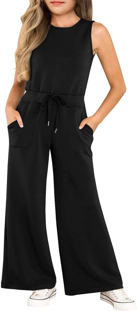 Haloumoning Girl's Jumpsuits Sleeveless Round Neck Wide Leg One Piece Rompers Little Kid Big Kids 10-12Y