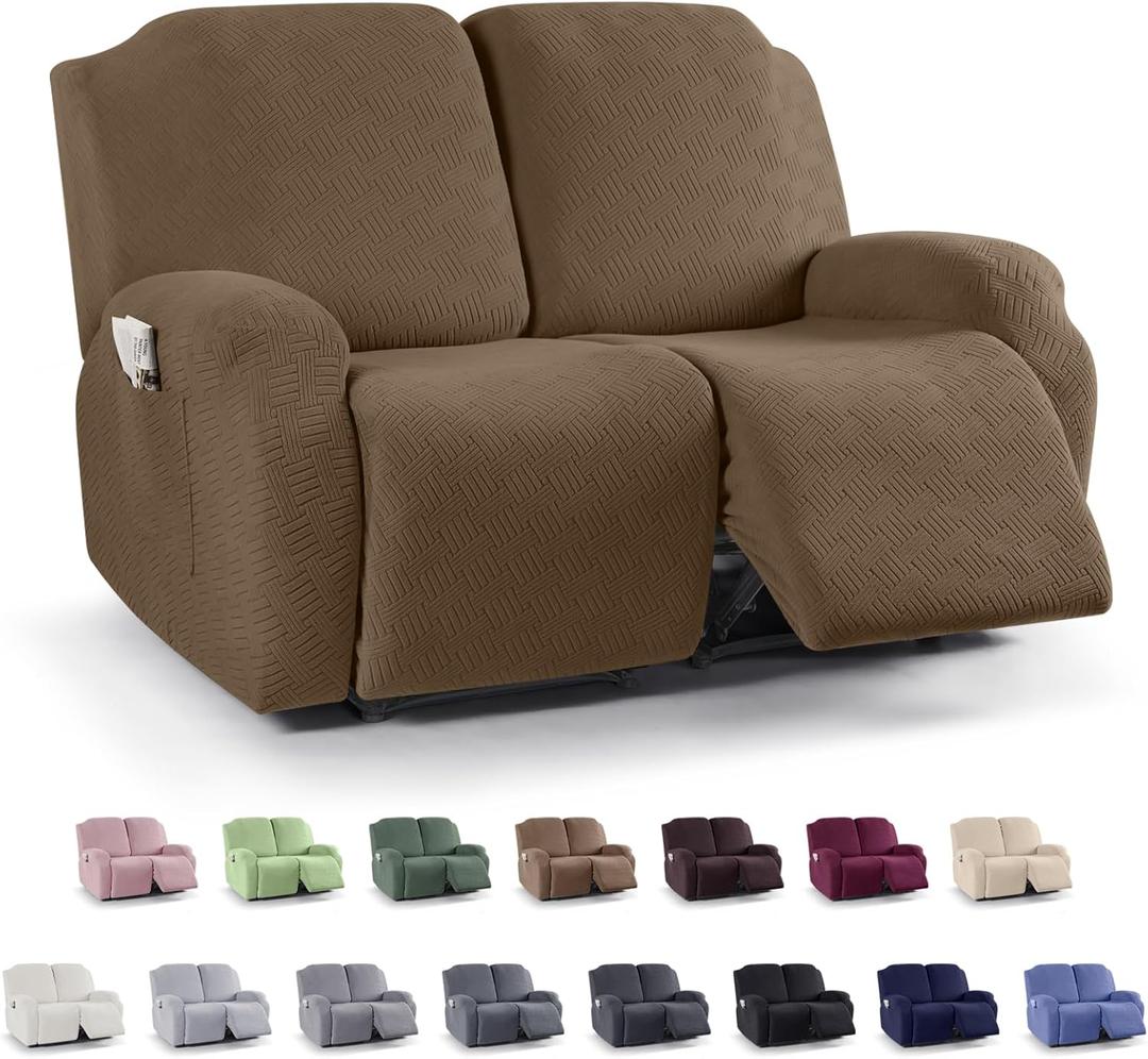 KinCam Recliner Covers, Stretch Reclining Chair Covers, Recliner Sofa Slipcovers Stripe Jacquard Recliner Couch Covers Furniture Protector Covers for Pet Kid (2 Seater, Light Coffee)