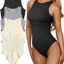 OQQ Women's 3 Piece Bodysuits Sexy Ribbed One Piece Sleeveless Halter Neck Tops Leotard Summer Trendy, S