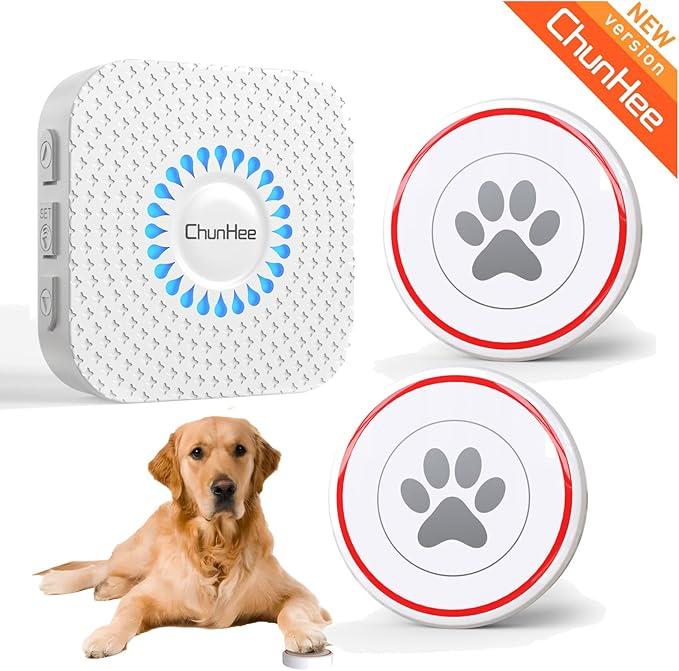 ChunHee Smart Dog Door Bell Wireless Puppy DoorBell for Potty Training, Dog Bells to go Outside, Bells for Dogs to Ring to go Potty, 2 Dog Buttons [New 2025] (1 White Receiver+2 White Button)