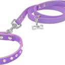 Dogs Kingdom 10 "-16.5" Total Length Suede Skin Jeweled Rhinestones Pet Dog Collar Leash Set Sparkly Crystal Diamonds Studded Leather Puppy Dog Cat Collar Leash Set Purple S